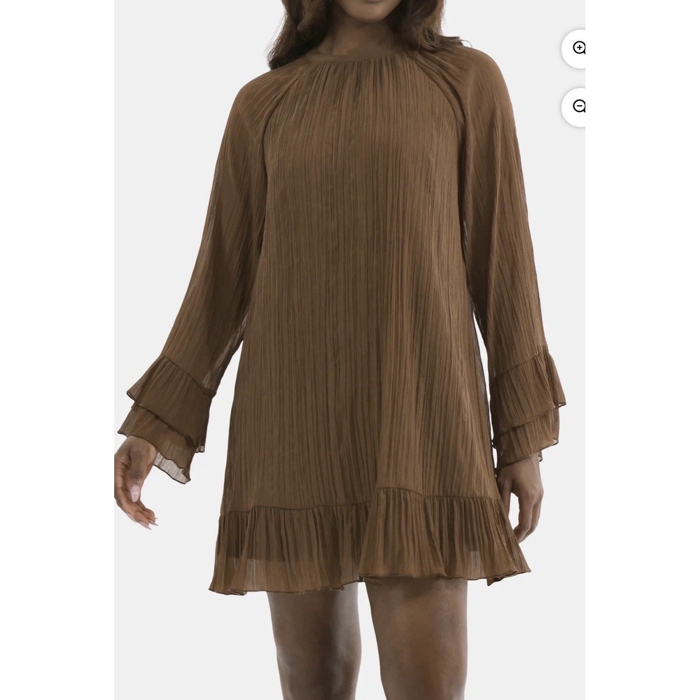 Time and Tru-Women's-Crinkle-Mini-Dress-Size Medium-Brown-Long Sleeve-Tie-Spring